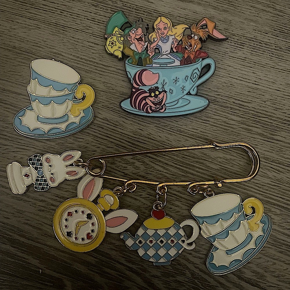 Alice in Wonderland Mad Hatter Tea Cup Cheshire Cat Enamel Pin magnet charm Set